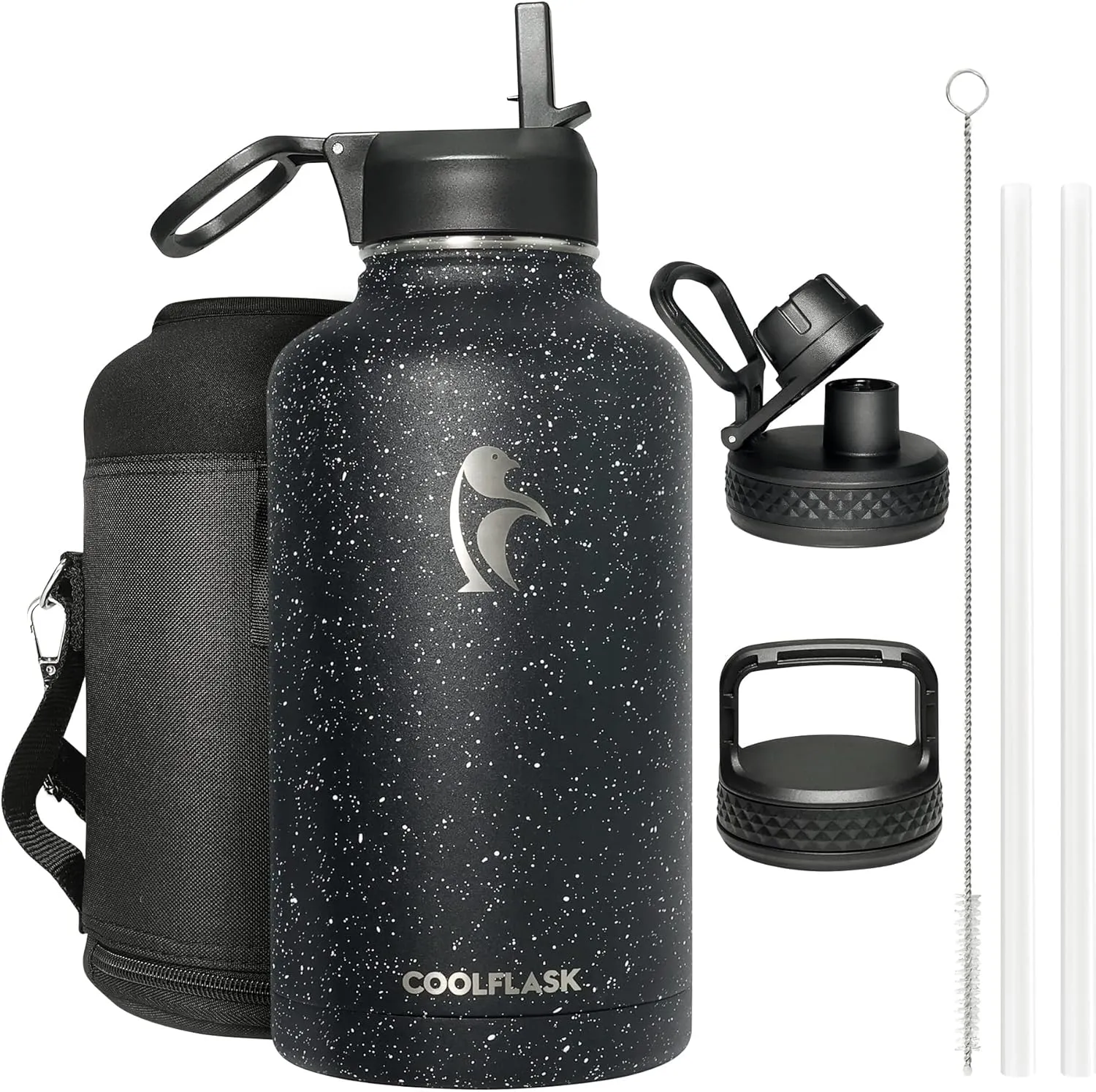 Coolflask 64 oz Insulated Water Bottle with Straw&3 Lids, Half Gallon Insulated Water Jug Galaxy Large Metal Stainless Steel Flask for Gym, Sports and Office, Keep Cold 48H Hot 24H, Starry Night