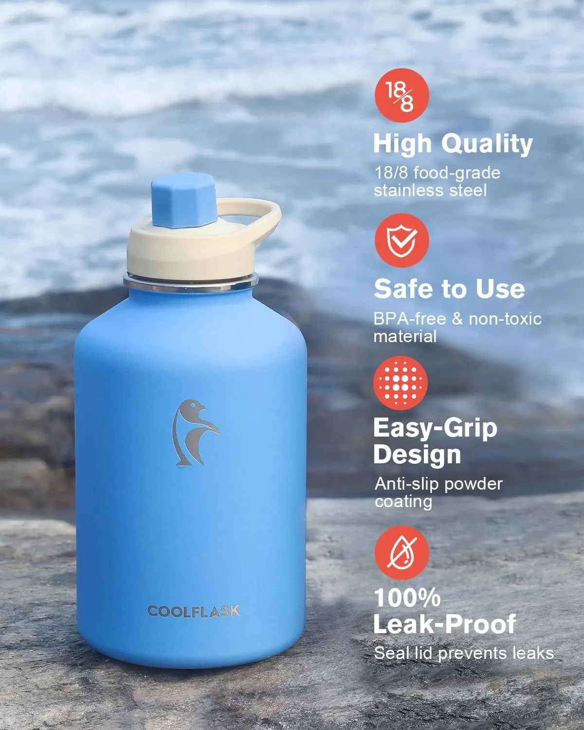 Coolflask 64 oz Water Bottle Insulated with PU Leather Sleeve, Half Gallon Water Bottle Color Contrast with Straw Lids, Stainless Steel Metal Large Water Jug, Keep Cold 48h Hot 24h,Sky Blue