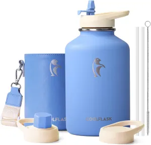 Coolflask 64 oz Water Bottle Insulated with PU Leather Sleeve, Half Gallon Water Bottle Color Contrast with Straw Lids, Stainless Steel Metal Large Water Jug, Keep Cold 48h Hot 24h,Sky Blue