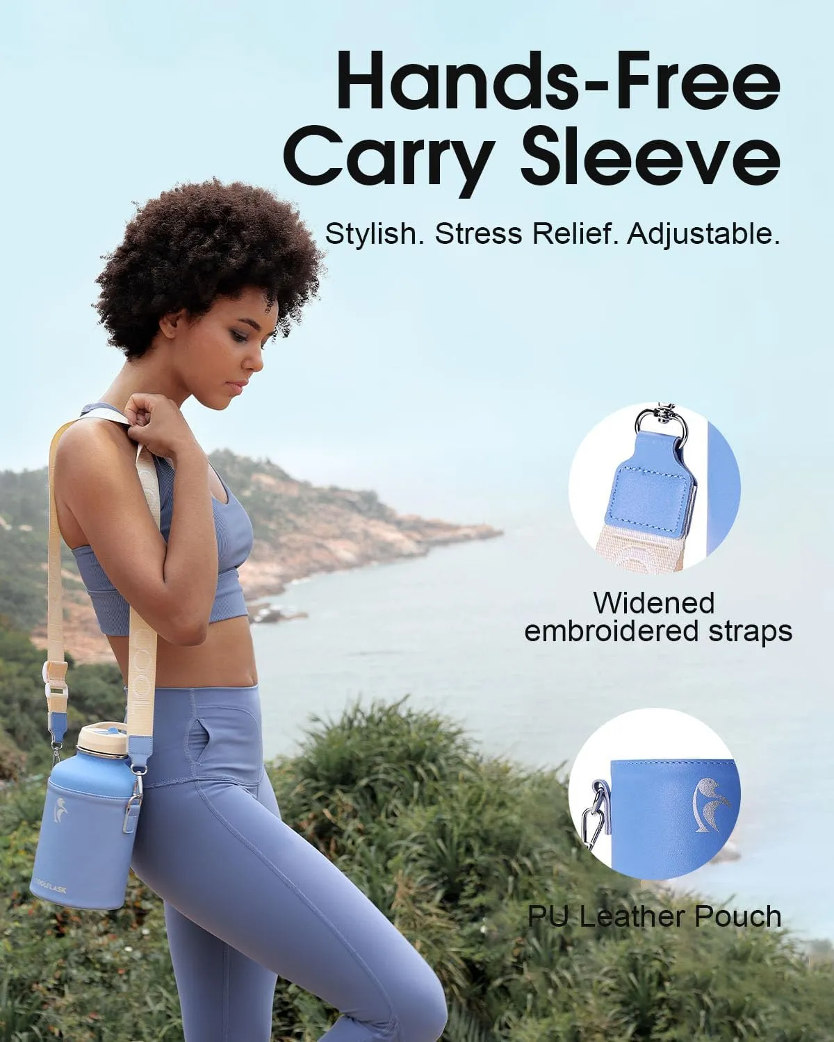 Coolflask 64 oz Water Bottle Insulated with PU Leather Sleeve, Half Gallon Water Bottle Color Contrast with Straw Lids, Stainless Steel Metal Large Water Jug, Keep Cold 48h Hot 24h,Sky Blue