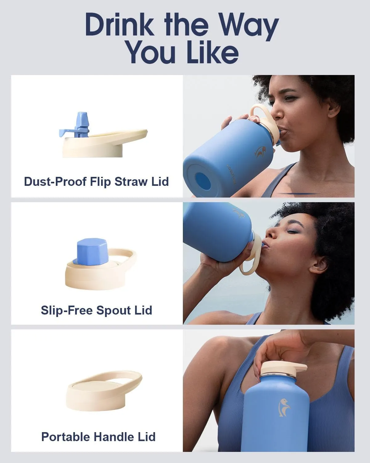 Coolflask 64 oz Water Bottle Insulated with PU Leather Sleeve, Half Gallon Water Bottle Color Contrast with Straw Lids, Stainless Steel Metal Large Water Jug, Keep Cold 48h Hot 24h,Sky Blue