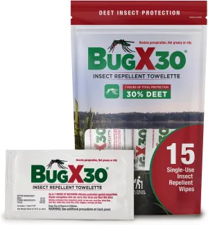 CoreTex Bug X 30 Mosquito, Tick, & Insect Repellent Wipes (30% DEET) with Resealable Travel Bag - Pack of 15 Single-Use Bug Repellent Wipes for Up to 7  Hours of Protection Against 12 Types of Insects