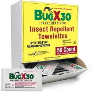CoreTex Bug X 30 Mosquito, Tick, & Insect Repellent Wipes with 30% DEET - Pack of 50 Single-Use Bug Repellent Wipes for Up to 7 Hours of Reliable Protection Against 12 Types of Biting Insects