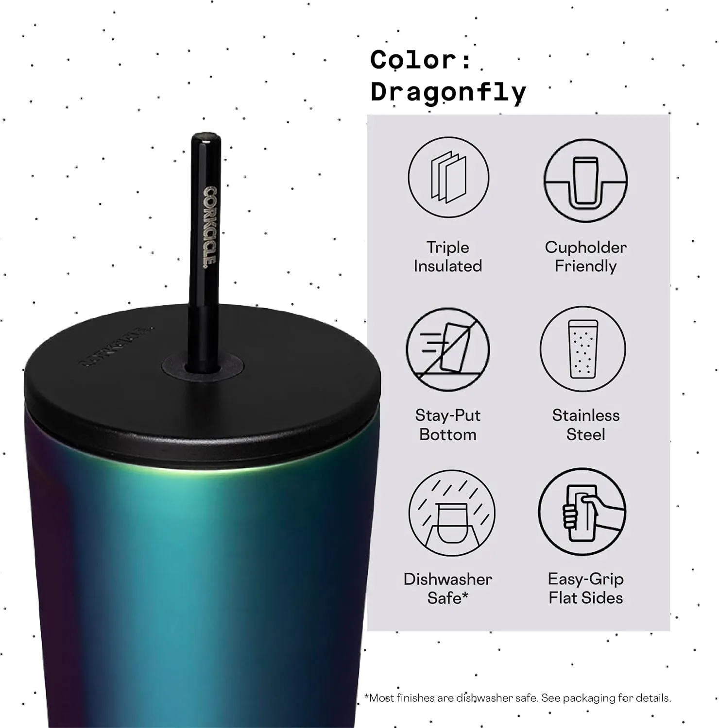 Corkcicle Cold Cup Insulated Tumbler with Lid and Straw, Dragonfly, 24 oz – Reusable Water Bottle Keeps Beverages Cold for 12hrs, Hot 5hrs – Cupholder Friendly Tumbler, Lid for Flexible Sipping