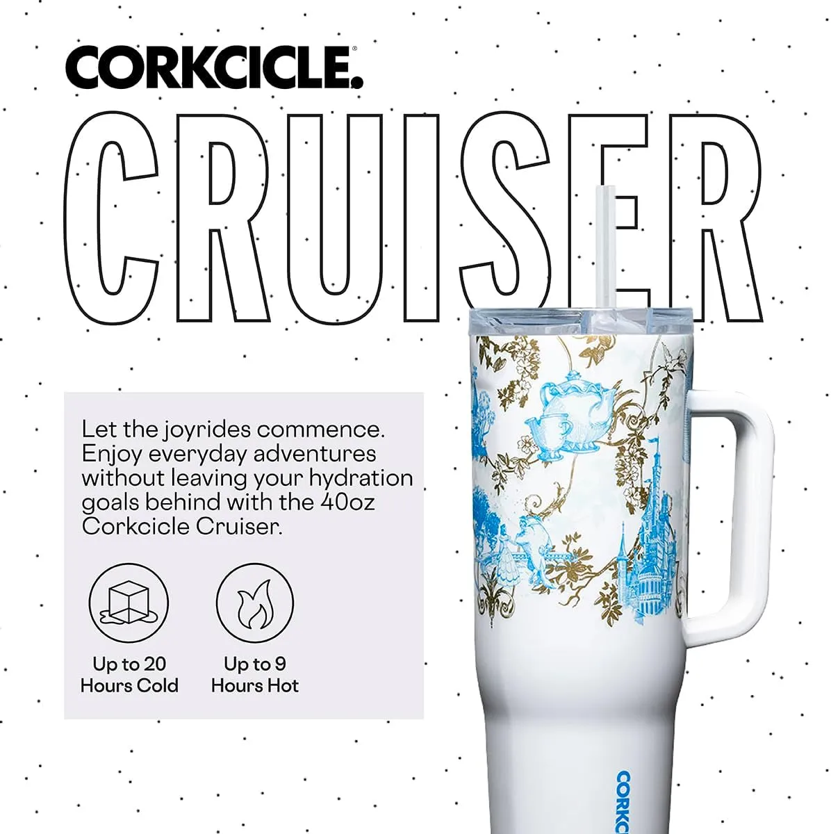 Corkcicle x Disney Princess Belle Cruiser Insulated Tumbler with Handle & Straw - 40 oz Reusable Water Bottle Keeps Beverages Cold for 20 Hrs, Hot for 9 Hrs – Cupholder Friendly, Spill Proof Tumbler