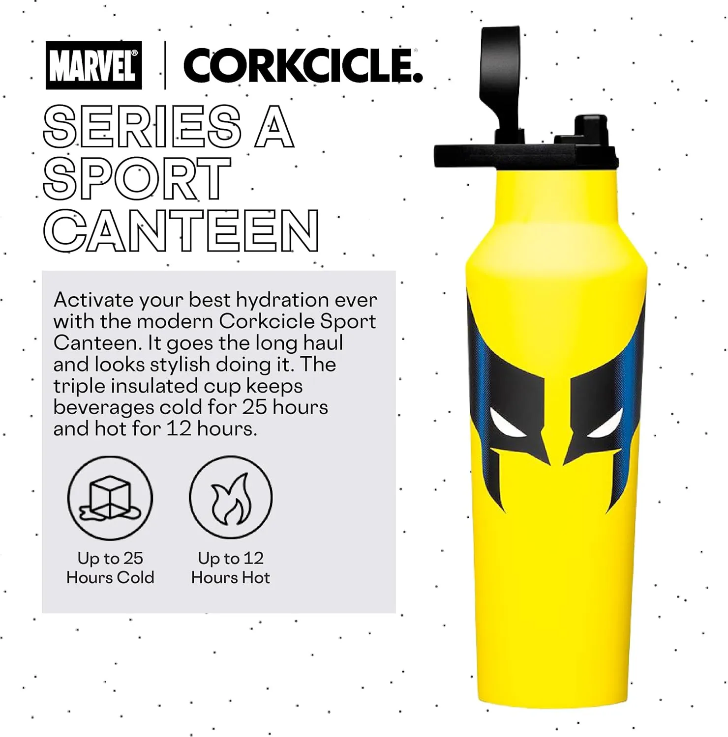 Corkcicle x Marvel Wolverine Insulated Canteen, 20 oz – Water Bottle Keeps Drinks Cold 25hrs, Hot 12hrs – Cupholder Friendly Tumbler with Screw-On Cap