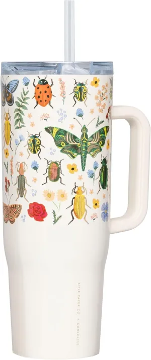 Corkcicle x Rifle Paper Co. Cruiser Insulated Tumbler with Handle & Straw, Curio Cream, 40 oz – Cupholder Friendly Water Bottle Keeps Drinks Cold 20hrs, Hot 9hrs