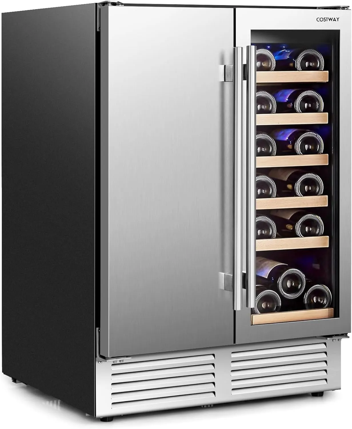 COSTWAY Wine and Beverage Refrigerator, 24 Inch Dual Zone Under Counter Wine Beverage Cooler with Lock, Stainless Steel Door, Built-in & Freestanding Wine Fridge Holds 19 Bottles and 57 Cans