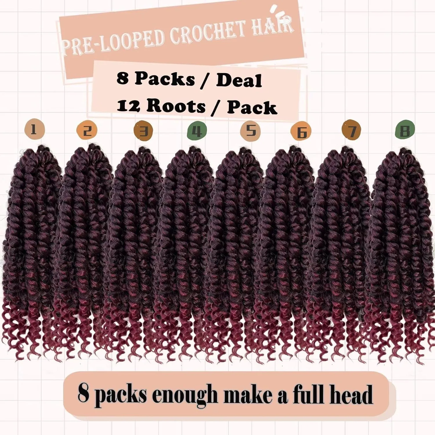 Crochet Passion Twist Hair 8 Packs 8 Inch Pretwisted Passion Twist Crochet Hair Ombre Burgundy Prelooped Short Passion Twist Hair Soft Crochet Braids Hair for Women #T1B/BUG