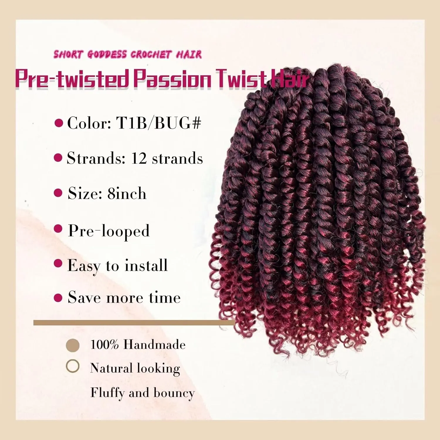 Crochet Passion Twist Hair 8 Packs 8 Inch Pretwisted Passion Twist Crochet Hair Ombre Burgundy Prelooped Short Passion Twist Hair Soft Crochet Braids Hair for Women #T1B/BUG
