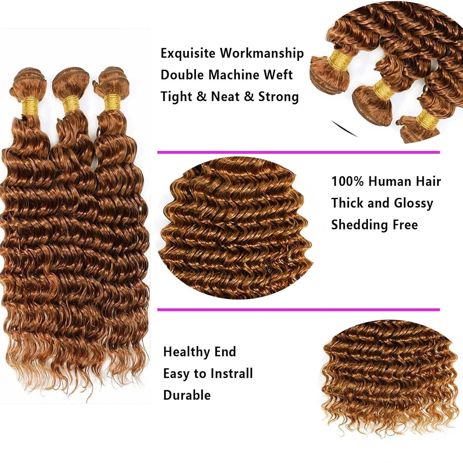 Curly Human Hair Bundles - Deep Wave 18 20 22 Inch, Light Brown Remy Hair, Soft & Tangle-Free, Natural Looking Extensions