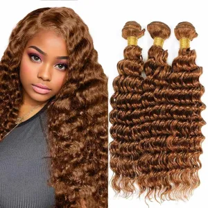 Curly Human Hair Bundles - Deep Wave 18 20 22 Inch, Light Brown Remy Hair, Soft & Tangle-Free, Natural Looking Extensions