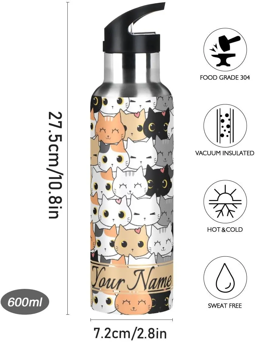 Custom Water Bottle with Straw, Cartoon Cat Kitten Lid Thermos Kids Insulated Stainless Steel Water Flask Sports, 20 Oz Hot Cold