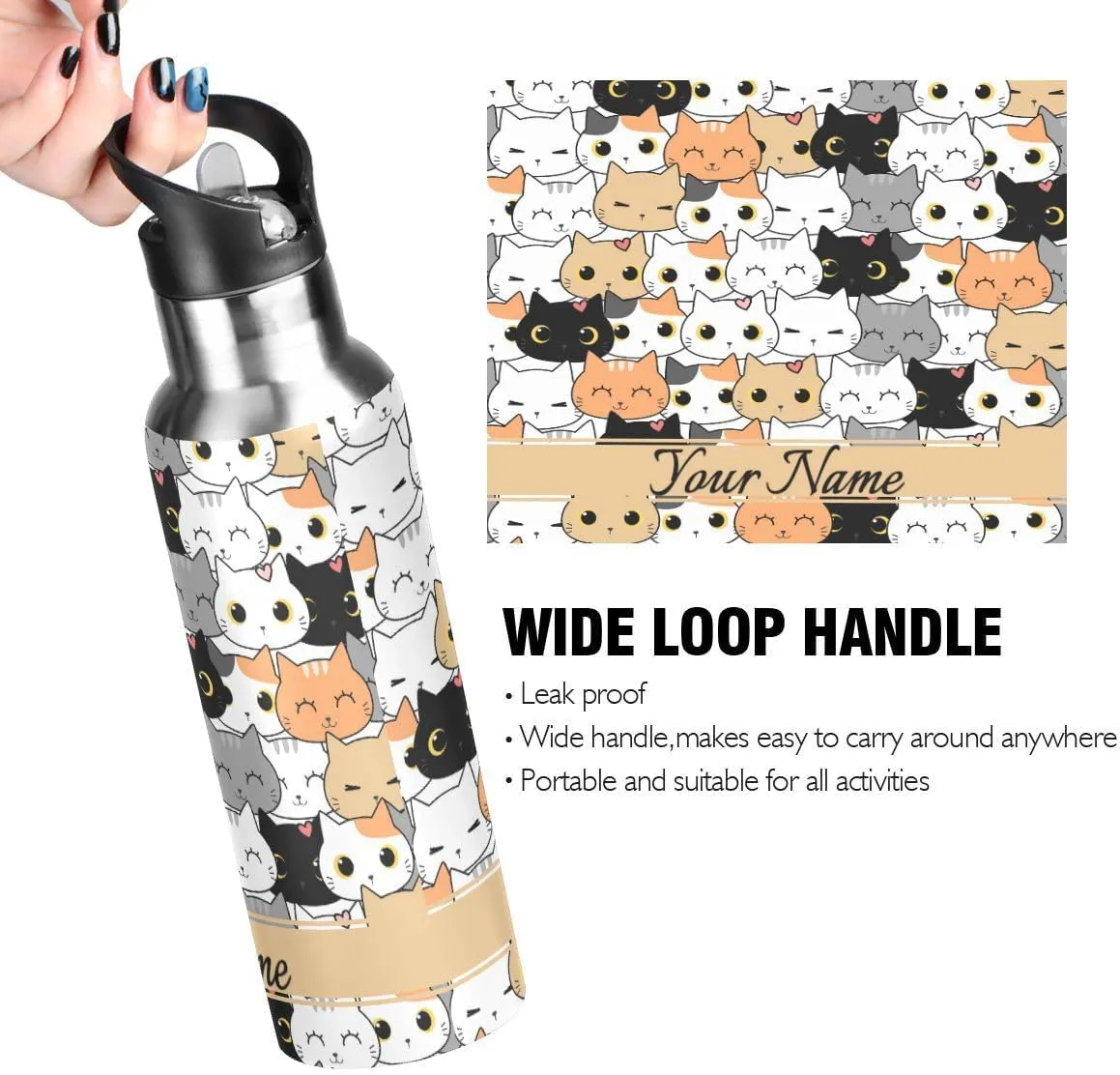 Custom Water Bottle with Straw, Cartoon Cat Kitten Lid Thermos Kids Insulated Stainless Steel Water Flask Sports, 20 Oz Hot Cold