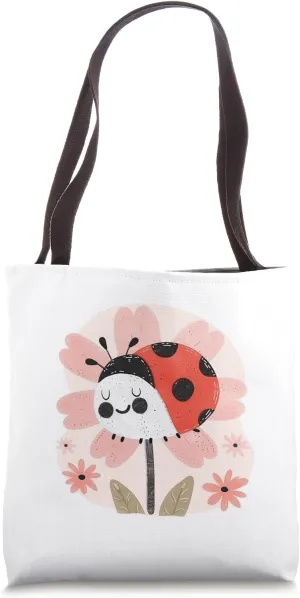 Cute and smiling red ladybird bug and flowers Tote Bag