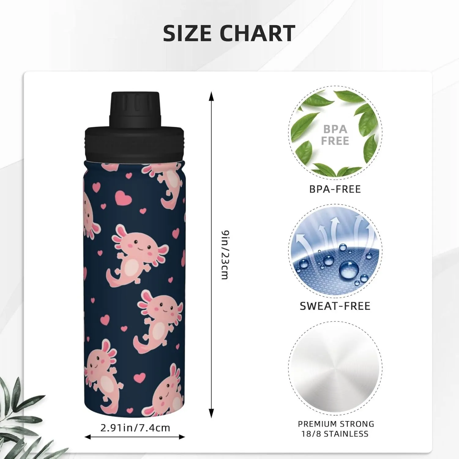 Cute Axolotl 18oz Sports Insulated Water Bottle Double-Wall Vacuum Stainless Steel Reusable Leak & Sweat Proof Sports Water Kettle For Fitness Gym Outdoor School