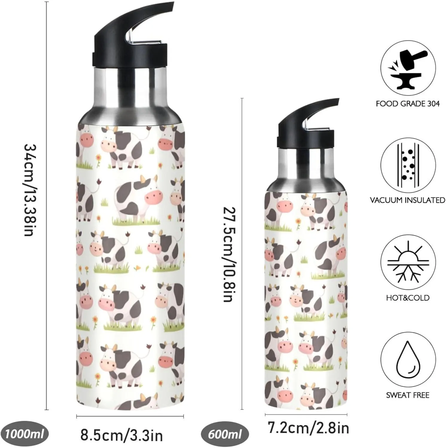 Cute Cartoon Cow Water Bottle with Straw Lid Double Wall Stripes Grass Thermos Bottle Vacuum Insulated Flask Stainless Steel Water Bottle for Gym Outdoor 35 OZ