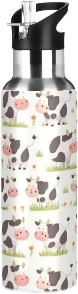 Cute Cartoon Cow Water Bottle with Straw Lid Double Wall Stripes Grass Thermos Bottle Vacuum Insulated Flask Stainless Steel Water Bottle for Gym Outdoor 35 OZ