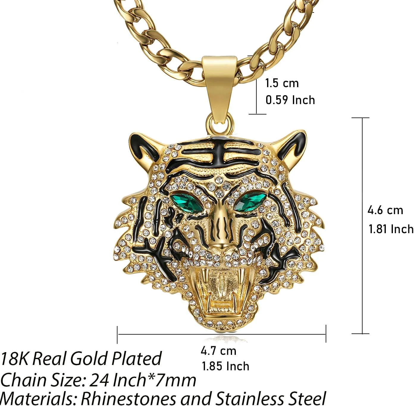CZ Fully Roaring Tiger Head With Green Red Eyes Pendant Punk Rock Stainless Steel Necklace, 24 Inch 7mm Chain For Men Hip Hop Animal Jewelry-I'm the King