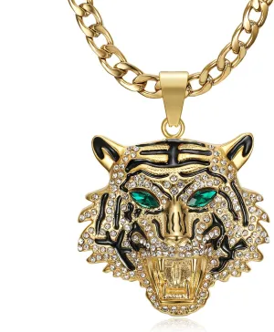CZ Fully Roaring Tiger Head With Green Red Eyes Pendant Punk Rock Stainless Steel Necklace, 24 Inch 7mm Chain For Men Hip Hop Animal Jewelry-I'm the King
