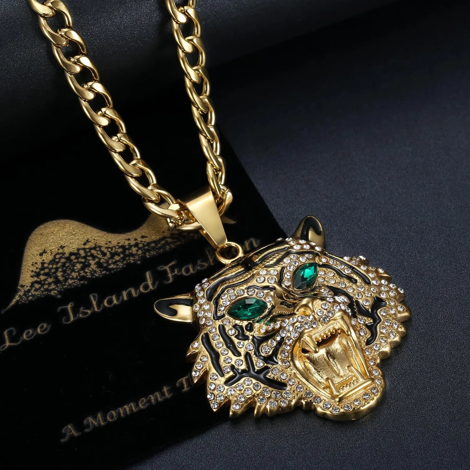 CZ Fully Roaring Tiger Head With Green Red Eyes Pendant Punk Rock Stainless Steel Necklace, 24 Inch 7mm Chain For Men Hip Hop Animal Jewelry-I'm the King