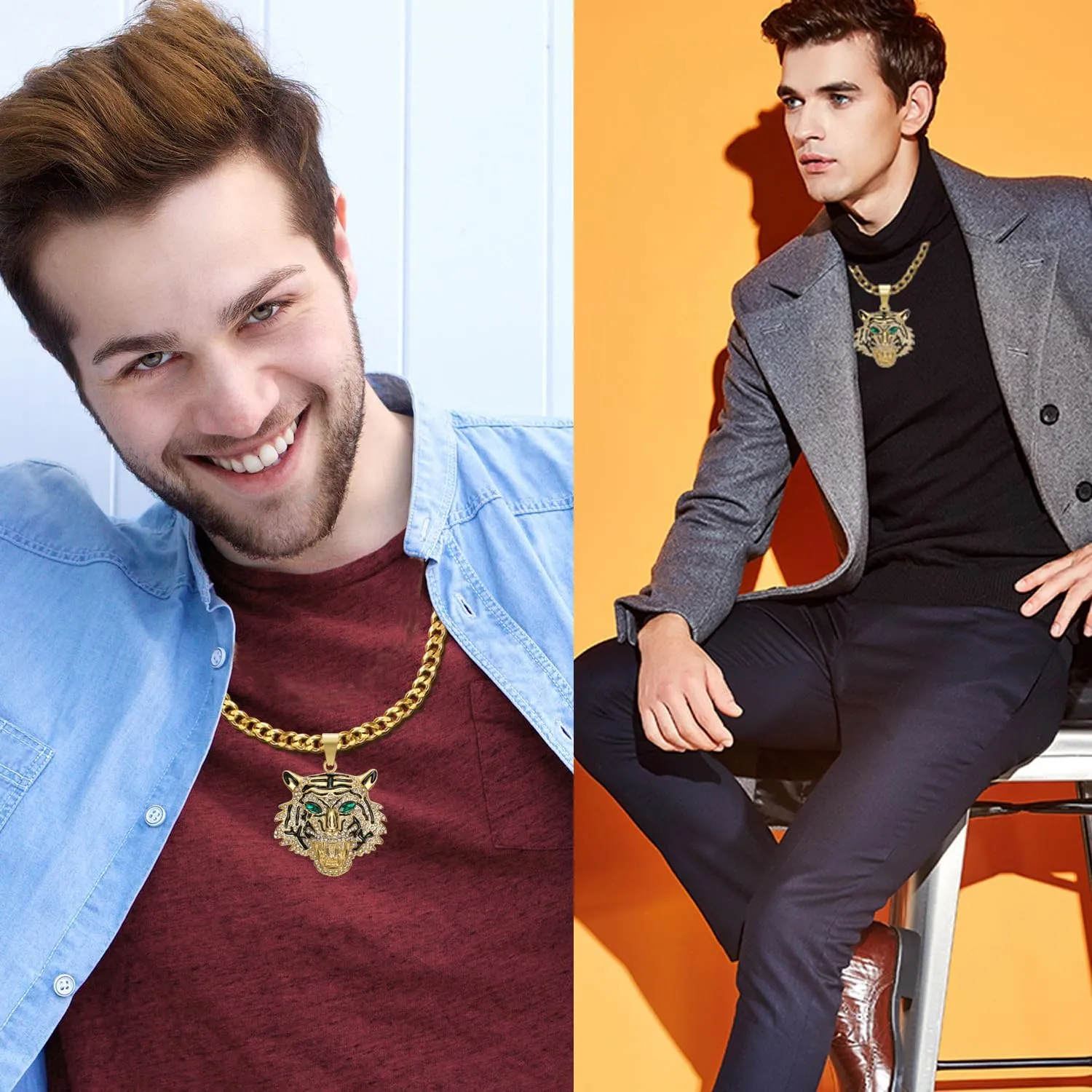 CZ Fully Roaring Tiger Head With Green Red Eyes Pendant Punk Rock Stainless Steel Necklace, 24 Inch 7mm Chain For Men Hip Hop Animal Jewelry-I'm the King