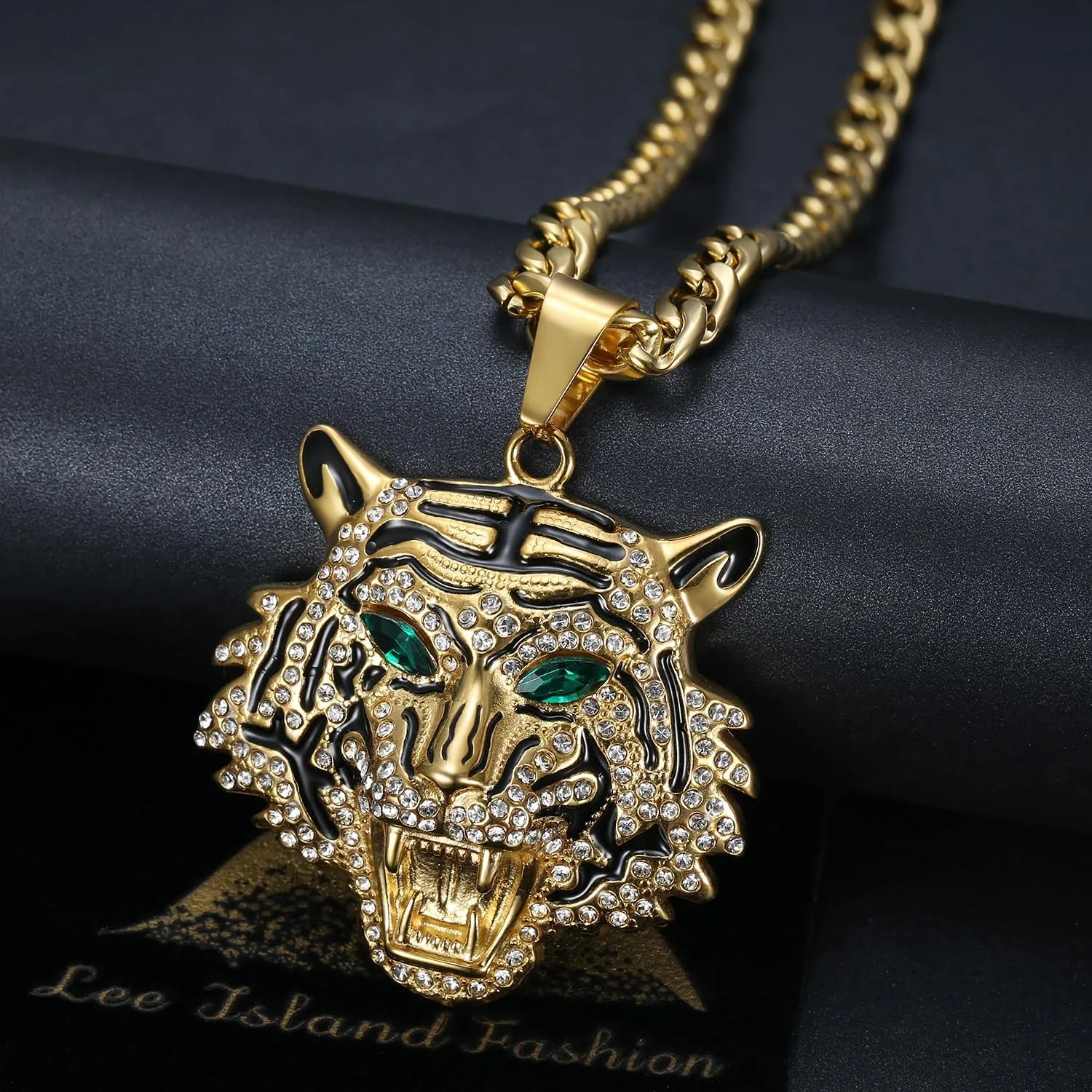 CZ Fully Roaring Tiger Head With Green Red Eyes Pendant Punk Rock Stainless Steel Necklace, 24 Inch 7mm Chain For Men Hip Hop Animal Jewelry-I'm the King