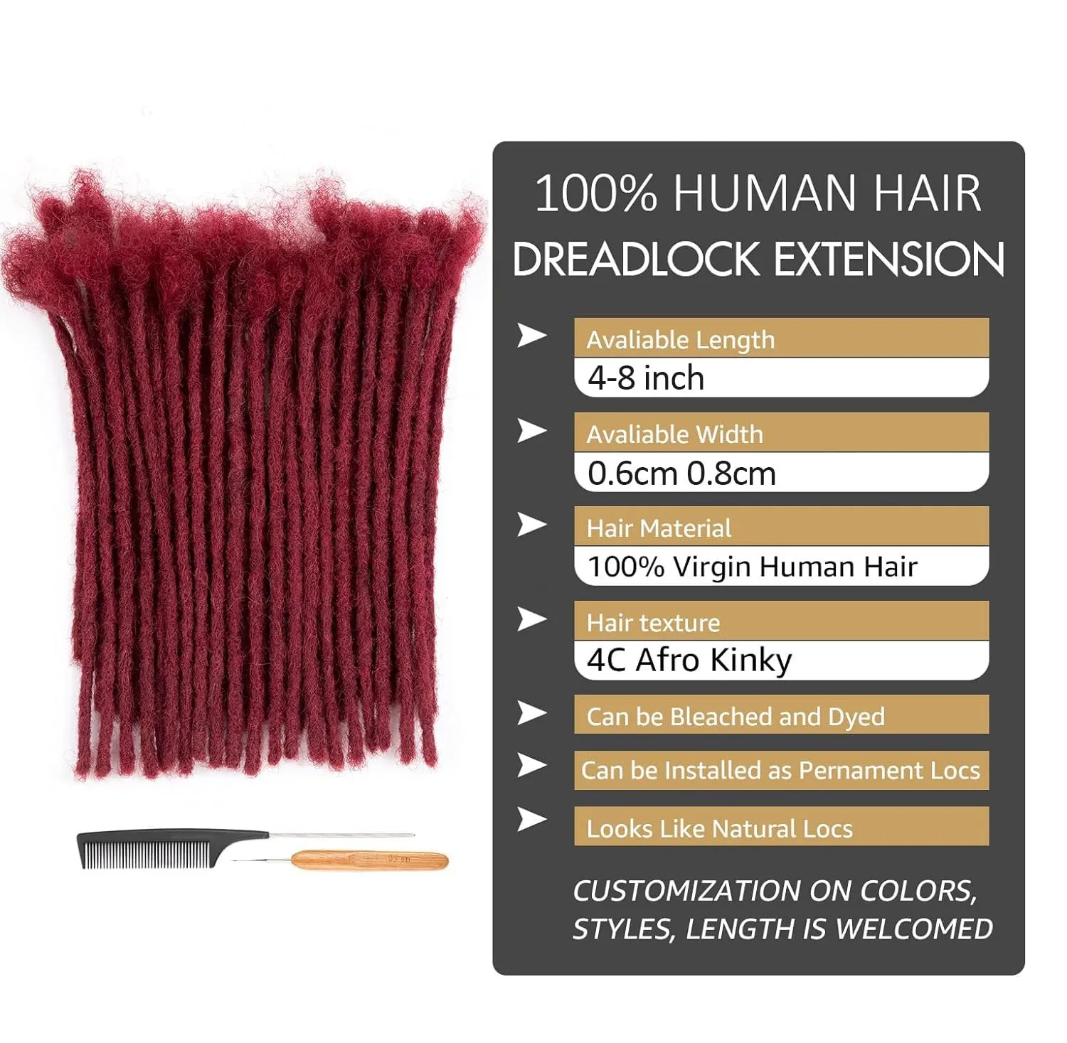 DAIXI 0.6cm & 0.8cm Thickness #Bug Color 4 Inch 10 Strands 100% Real Human Hair Dreadlock Extensions for Man/Women Handmade Permanent loc Extensions Bundles Can Be Dyed Bleached Curled and Twisted