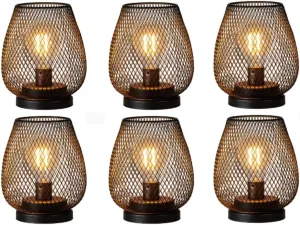 DECORKEY Set of 6 Battery Operated Lamp LED Table Lantern, Brown Metal Cage Cordless Lamps with LED Bulb，Vintage Decorative Outdoor Lantern for Weddings, Parties, Patio, Events for Indoors Shelf Decor