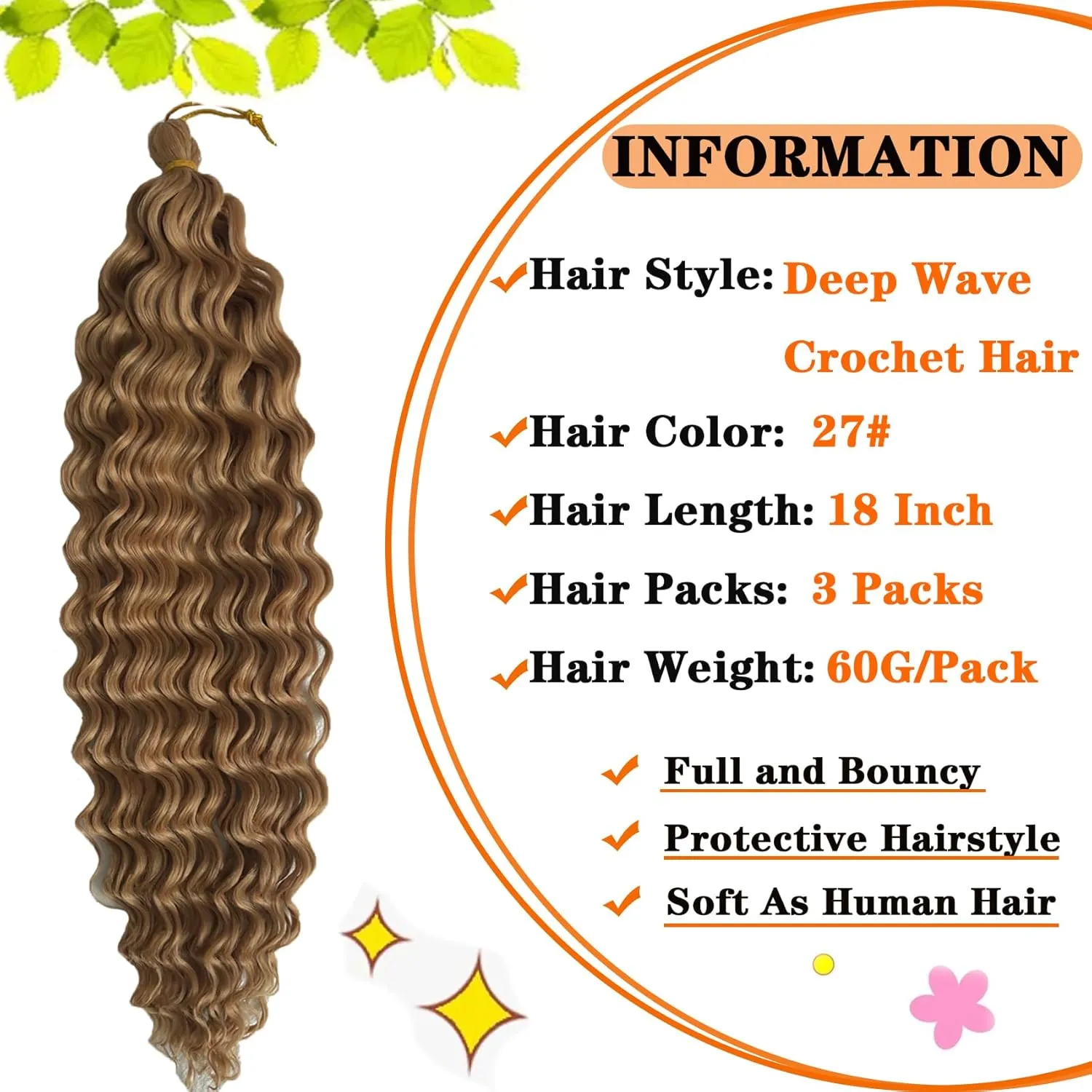 Deep Wave Crochet Hair 18 Inch 27 Color Ocean Wavy Crochet Braids Soft Curly Deep Twist Crochet Braiding Hair Extensionst for Women (18 Inch(Pack of 3), 27#)