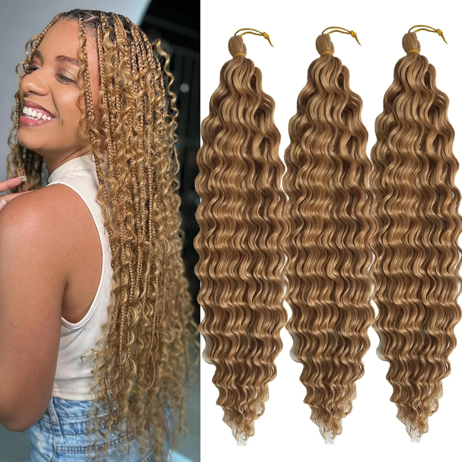 Deep Wave Crochet Hair 18 Inch 27 Color Ocean Wavy Crochet Braids Soft Curly Deep Twist Crochet Braiding Hair Extensionst for Women (18 Inch(Pack of 3), 27#)