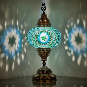 DEMMEX Battery-Operated Turkish Moroccan Mosaic Table Lamp – 12” H, 5” W, Portable Stained Glass Lantern for Indoor & Outdoor Use, Cordless Handmade Decorative Light for Bedroom, Patio & Camping, Teal