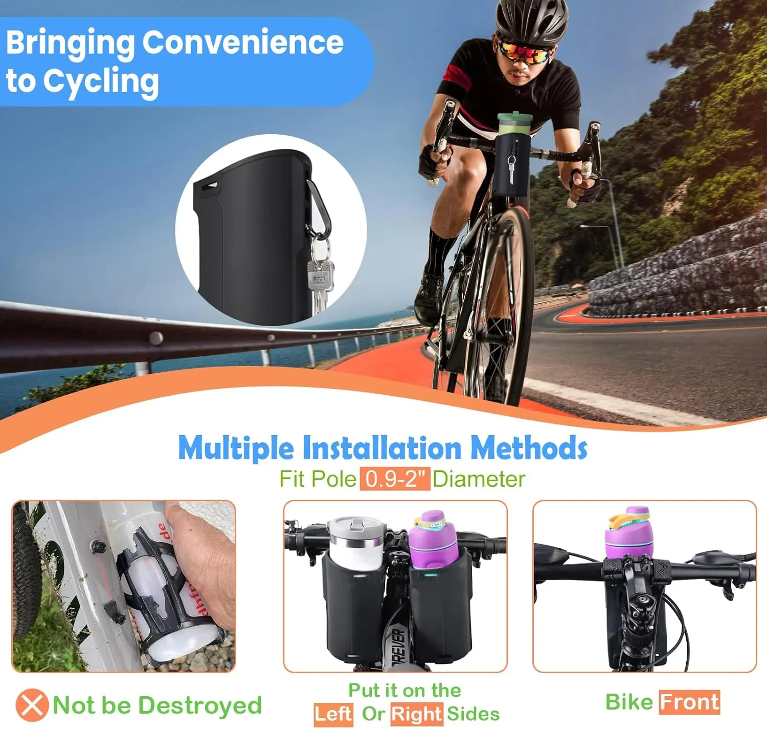 Desing Wish 12-40oz Silicone Bike Water Bottle Holder with Removable Non-Slip Straps, Multi-Holes Installing Bike Cup Holder Water Bottle Holder for Mountain Bike, eBike, Scooter - Black