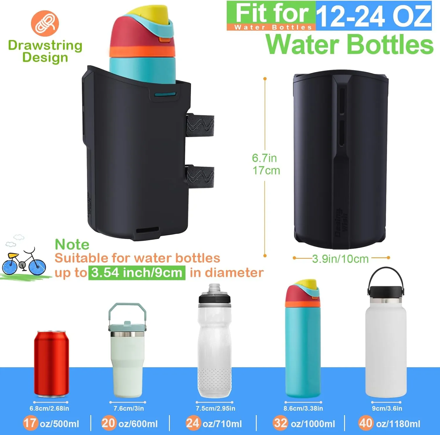 Desing Wish 12-40oz Silicone Bike Water Bottle Holder with Removable Non-Slip Straps, Multi-Holes Installing Bike Cup Holder Water Bottle Holder for Mountain Bike, eBike, Scooter - Black
