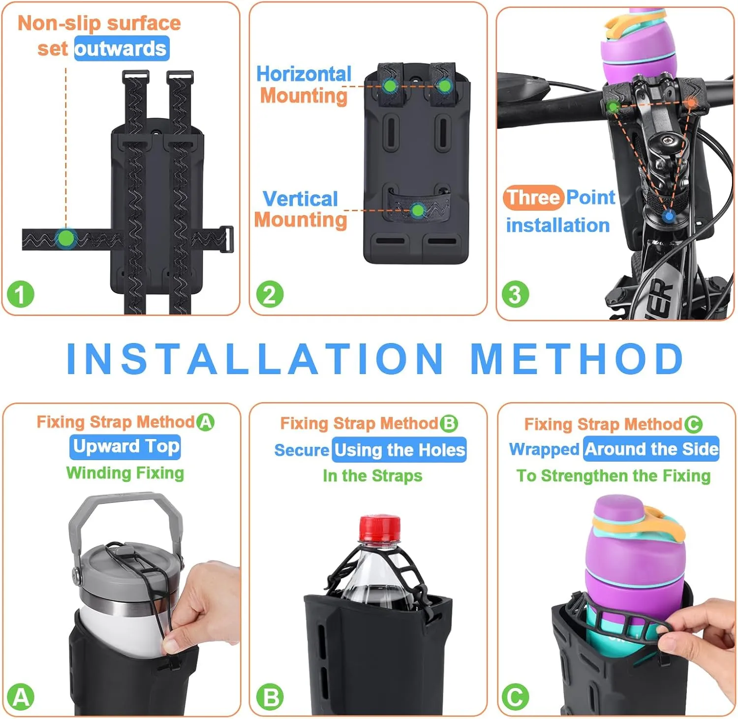 Desing Wish 12-40oz Silicone Bike Water Bottle Holder with Removable Non-Slip Straps, Multi-Holes Installing Bike Cup Holder Water Bottle Holder for Mountain Bike, eBike, Scooter - Black
