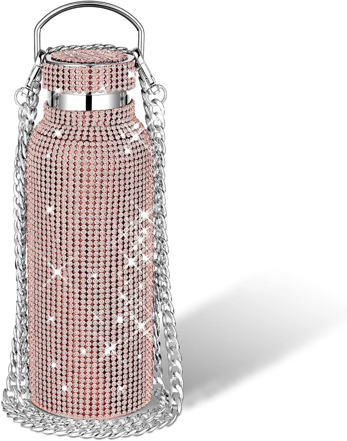 Diamond Water Bottle Bling Rhinestone Stainless Steel Thermal Bottle Refillable Insulated Glitter Water Jug with Chain for Women Girls Gifts(500 ml,Champagne Gold)