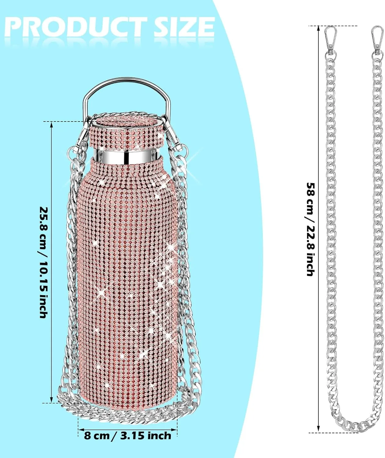 Diamond Water Bottle Bling Rhinestone Stainless Steel Thermal Bottle Refillable Insulated Glitter Water Jug with Chain for Women Girls Gifts(500 ml,Champagne Gold)