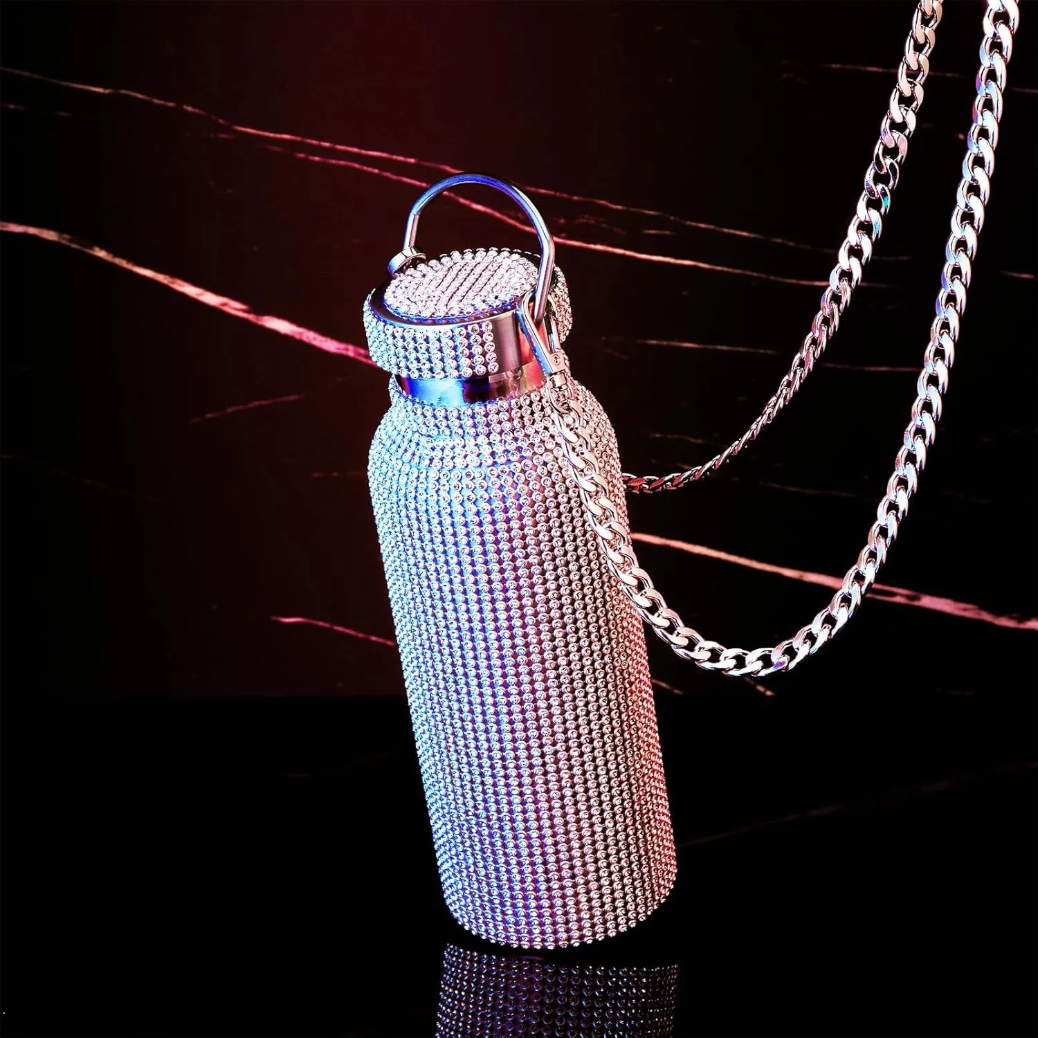 Diamond Water Bottle Bling Rhinestone Stainless Steel Thermal Bottle Refillable Insulated Glitter Water Jug with Chain for Women Girls Gifts(500 ml,Champagne Gold)