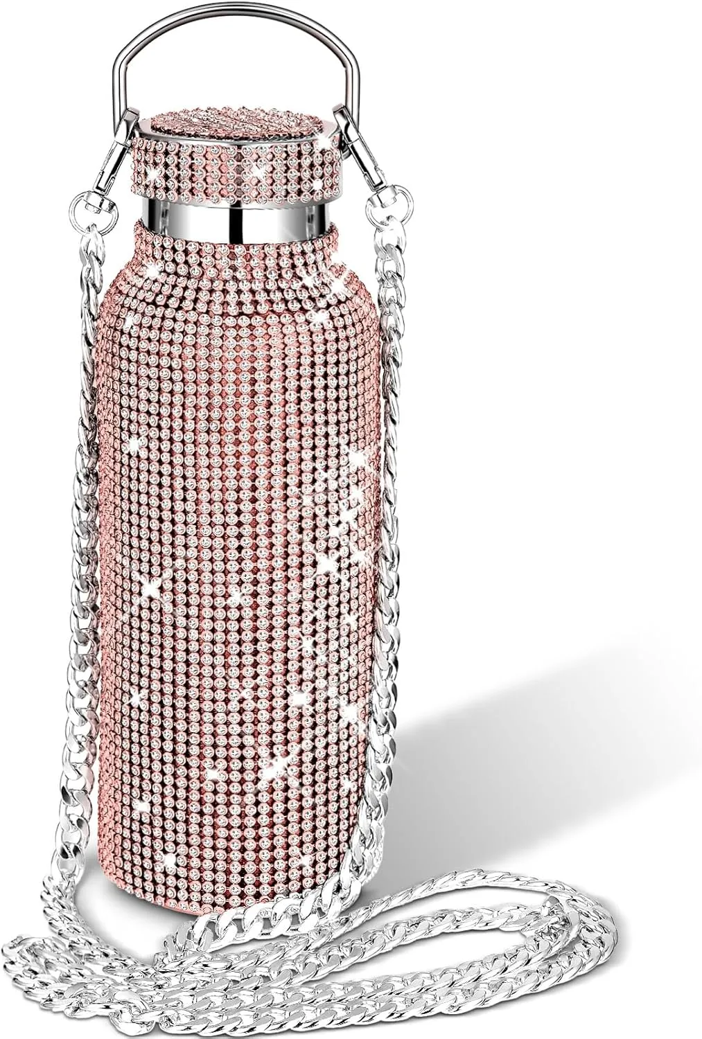 Diamond Water Bottle Bling Rhinestone Stainless Steel Thermal Bottle Refillable Insulated Glitter Water Jug with Chain for Women Girls Gifts(500 ml,Champagne Gold)