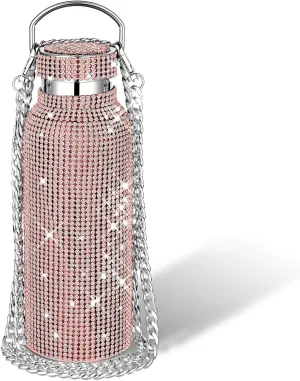 Diamond Water Bottle Bling Rhinestone Stainless Steel Thermal Bottle Refillable Insulated Glitter Water Jug with Chain for Women Girls Gifts(500 ml,Champagne Gold)