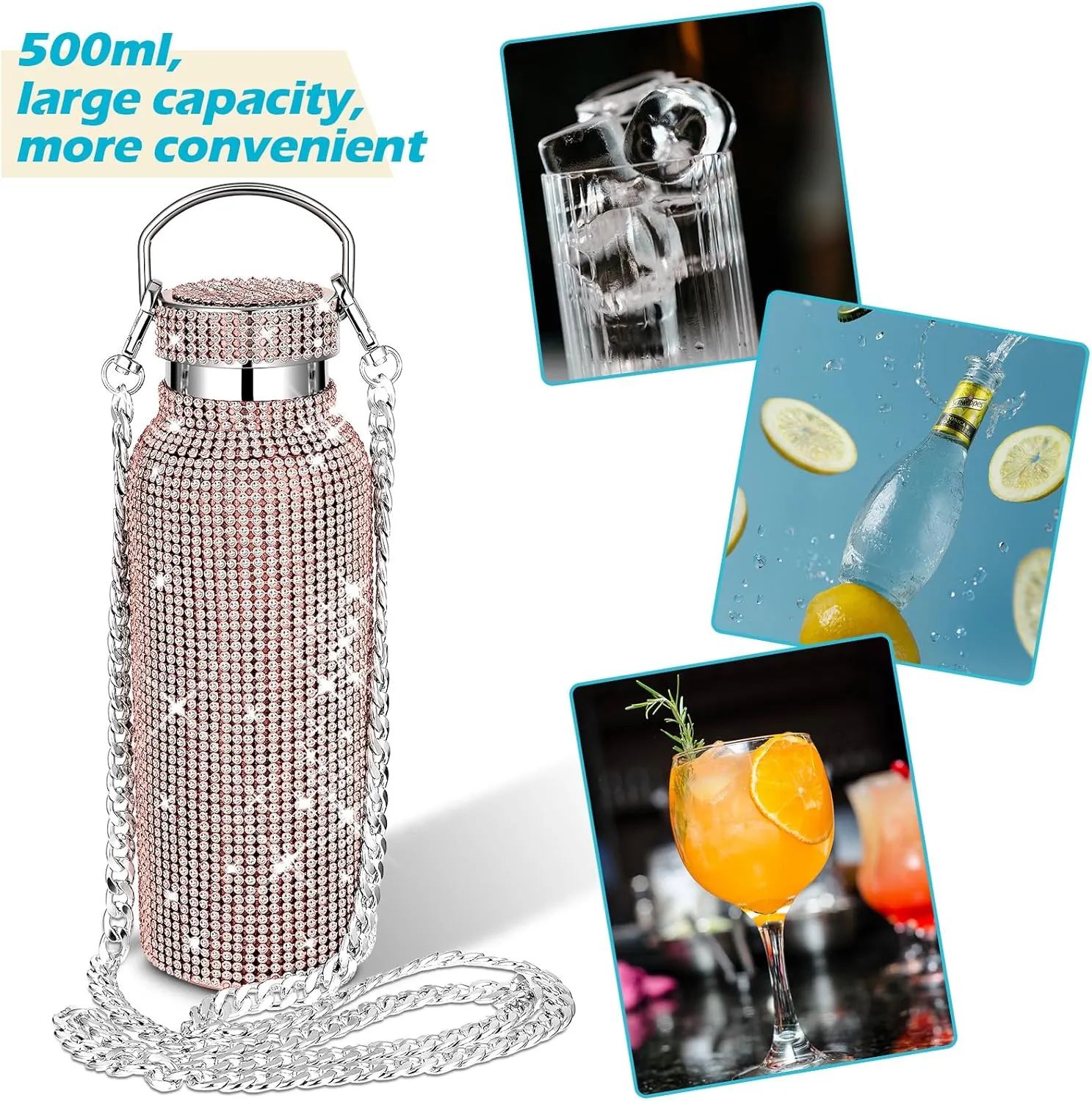 Diamond Water Bottle Bling Rhinestone Stainless Steel Thermal Bottle Refillable Insulated Glitter Water Jug with Chain for Women Girls Gifts(500 ml,Champagne Gold)