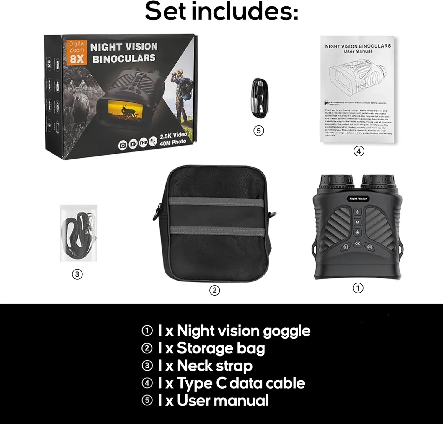 Digital Binocular with Night Vision & Video Recording 2.K UDH Powerful Binoculars for Adults, Hunting, Bird Watching, Football Games, Stargazing, Camping, Concerts & Low Light Situation - Rechargeable