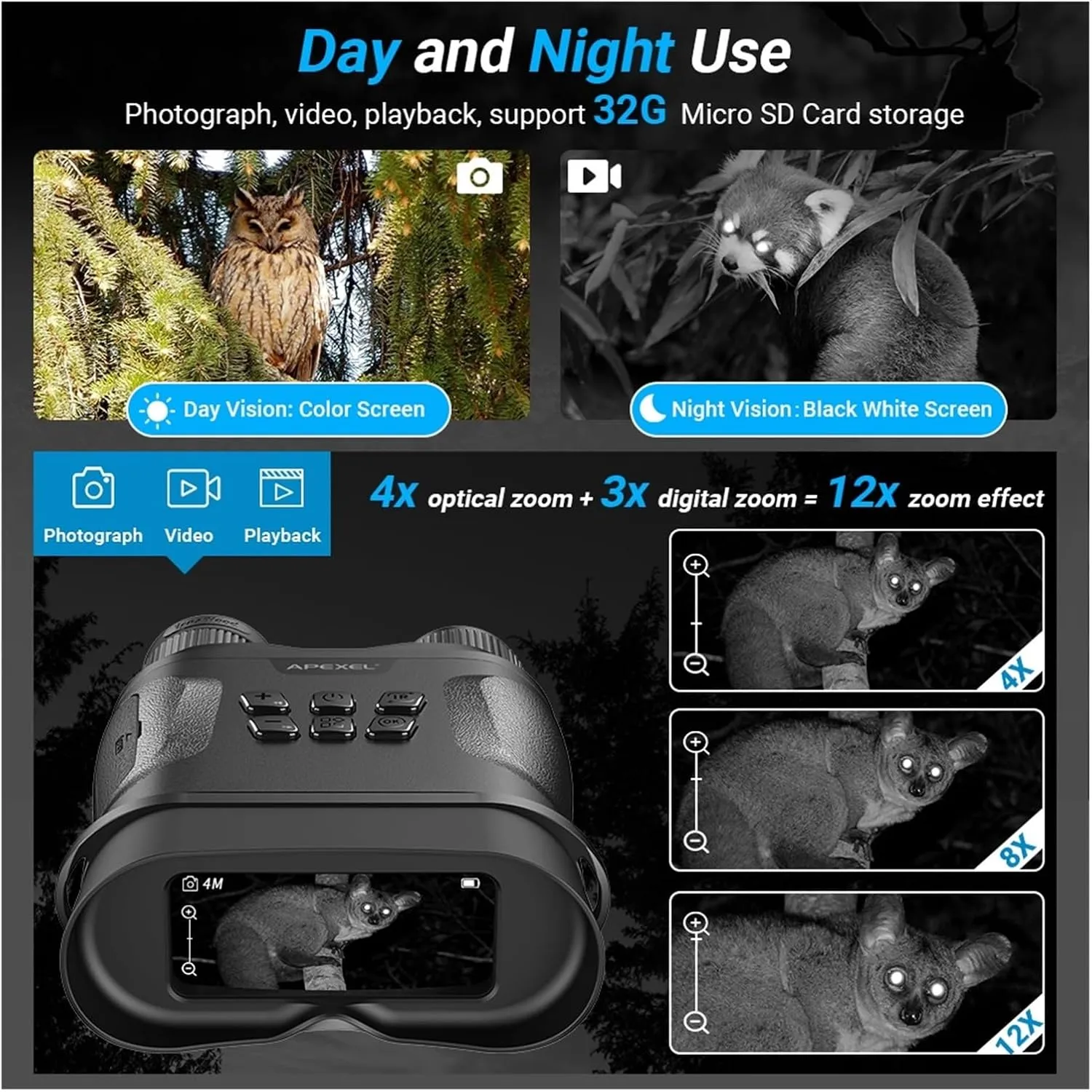 Digital Night Vision Binoculars Outdoor Full HD Infrared 1080P Hunting Night Vision Goggles for Camping Travel Tourism, With Tf Card