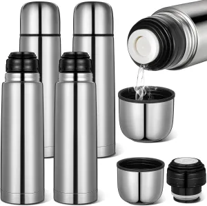 Domensi 4 Pcs Stainless Steel Thermal Bottle 17 oz/ 500 ml Hot Water Flask Coffee Travel Mugs with Cup Cafe Sealed Vacuum Insulated Bottles for Hot Drinks
