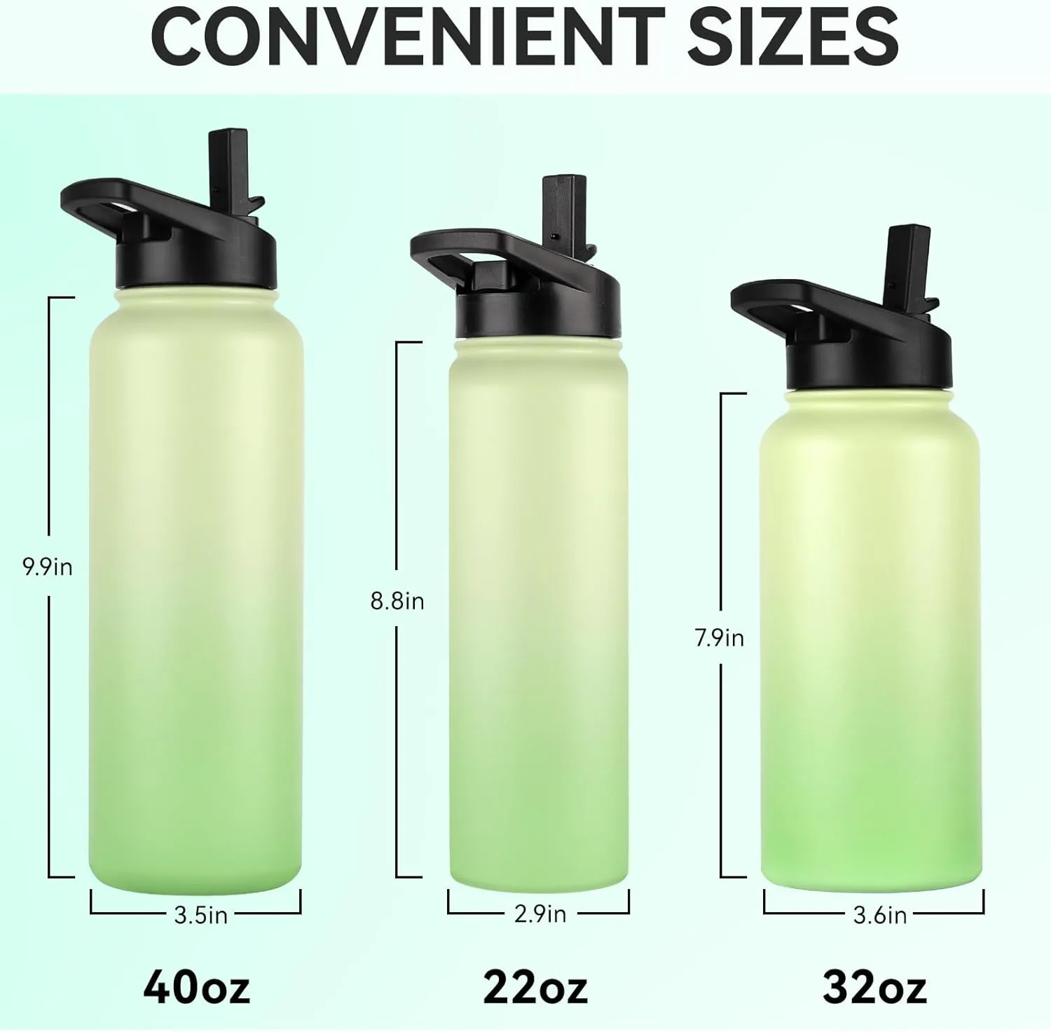 DOMICARE Insulated Water Bottle, 22 oz Vacuum Insulated Stainless Steel Reusable Sports Bottle with Straw Lid & Spout Lid for Travel, Camping, Bike, Leakproof, Green Gradient, 1 Pack