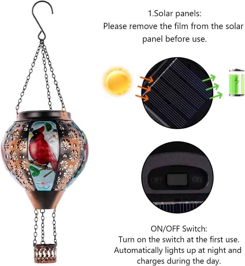 DREAMSOUL Cardinal Hot Air Balloon Solar Lantern, Metal Solar Lantern with Flickering Flame, Solar Lanterns Outdoor Waterproof for Lawn Patio Decor