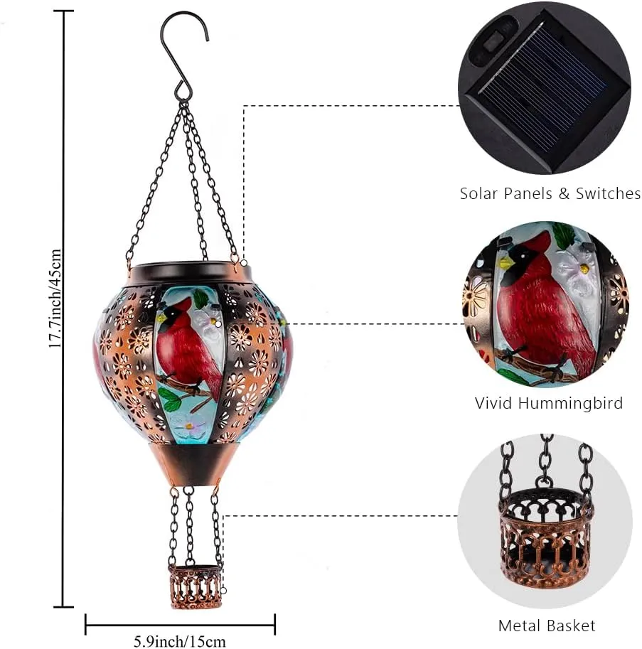 DREAMSOUL Cardinal Hot Air Balloon Solar Lantern, Metal Solar Lantern with Flickering Flame, Solar Lanterns Outdoor Waterproof for Lawn Patio Decor