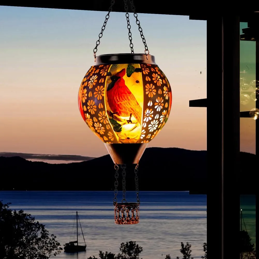 DREAMSOUL Cardinal Hot Air Balloon Solar Lantern, Metal Solar Lantern with Flickering Flame, Solar Lanterns Outdoor Waterproof for Lawn Patio Decor