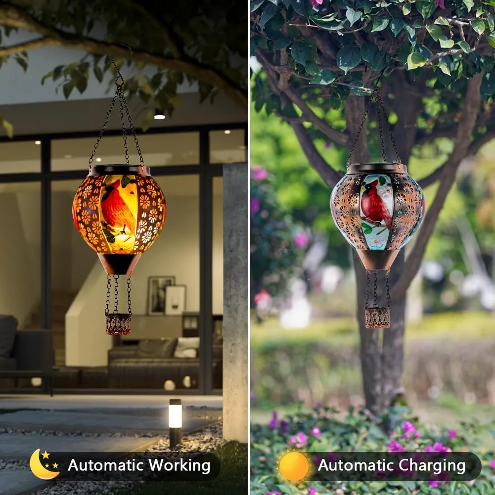DREAMSOUL Cardinal Hot Air Balloon Solar Lantern, Metal Solar Lantern with Flickering Flame, Solar Lanterns Outdoor Waterproof for Lawn Patio Decor