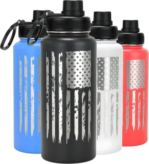 DRINCO Stainless Steel Water Bottle Spout Lid Vacuum Insulated Double Wall Water Bottle Wide Mouth Leak Proof Keep Cold Sport Camping (USA Flag) (32oz Artic White USA Flag, 32oz)